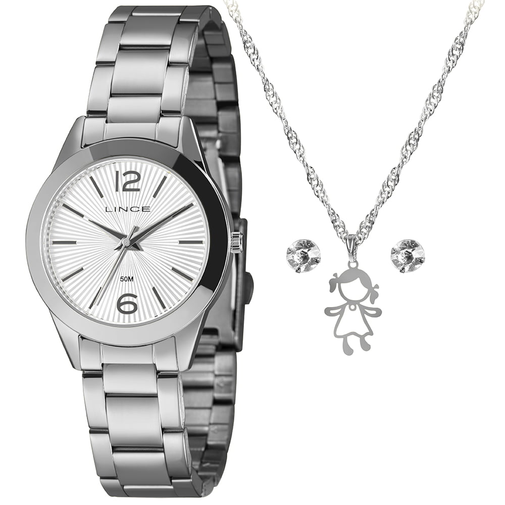 Kit Relógio Lince Urban Feminino Prateado Mostrador Branco Á Prova D'água LRM4744L34