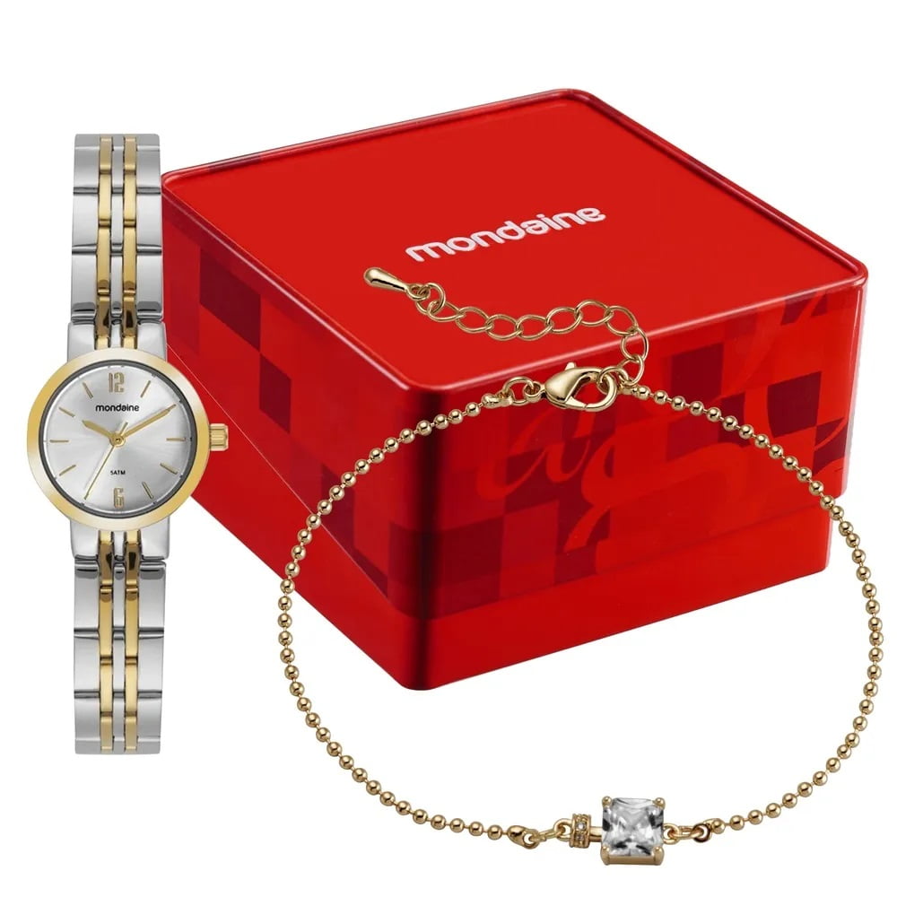 Kit Relógio Mondaine Feminino Bicolor Dourado e Prateado Pequeno Visor Prata Á Prova d'água 99876LPMKBE3