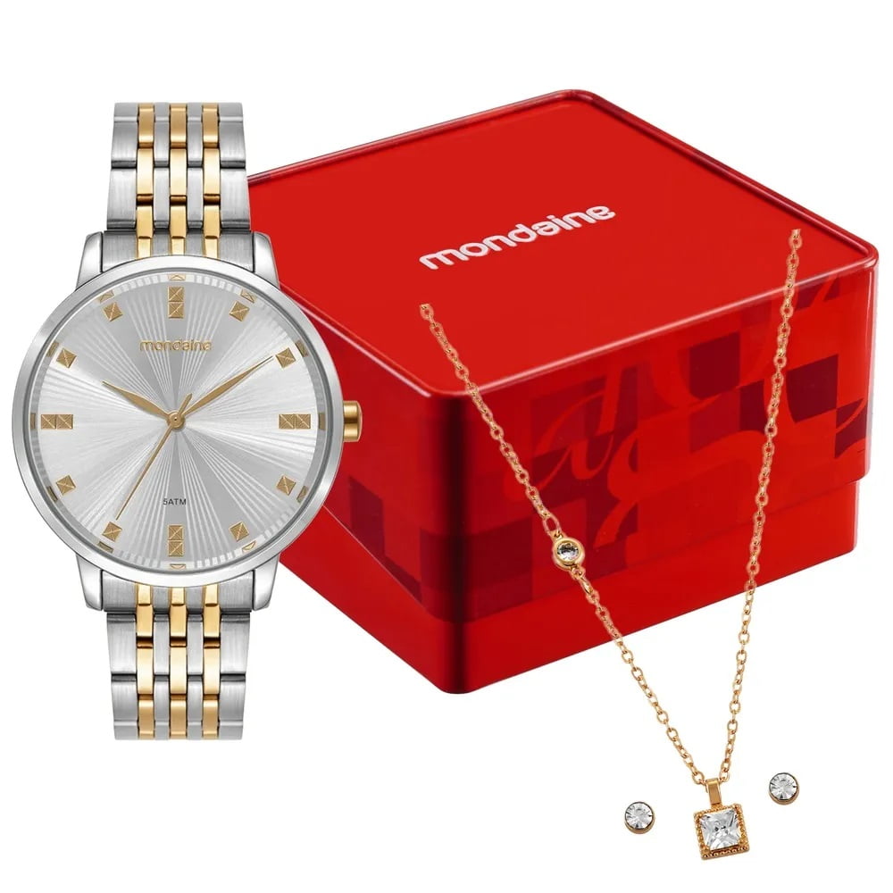 Kit Relógio Mondaine Feminino Bicolor Visor Prateado Texturizado á Prova D'água 99922LPMKBE3