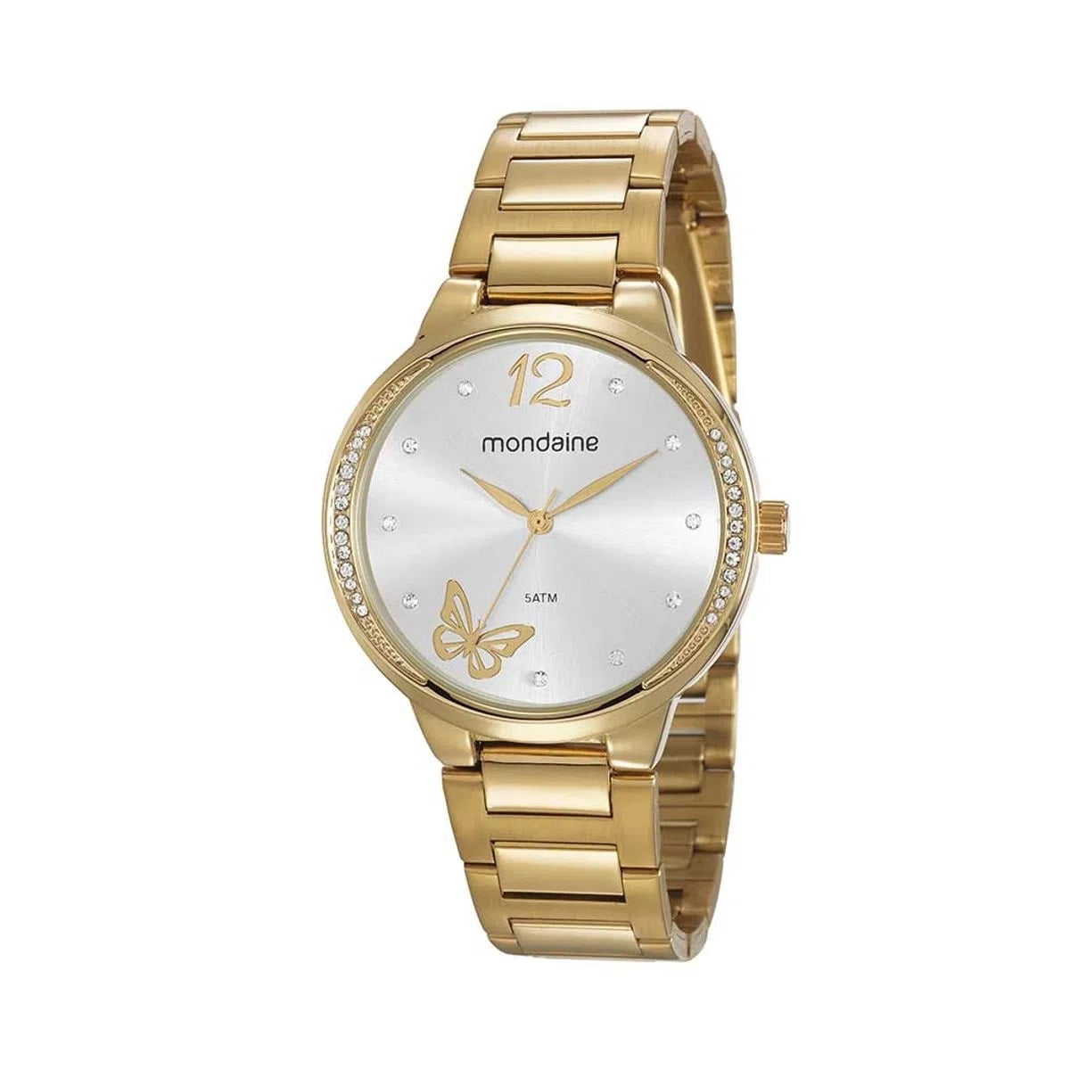 Kit Relógio Mondaine Feminino Dourado Visor Prateado com Cristais e Borboletas Á Prova d'água 53758LPMVDE1