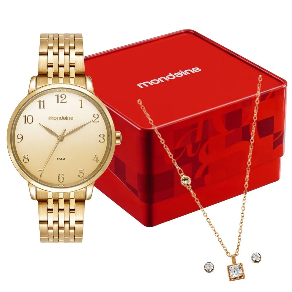 Kit Relógio Mondaine Feminino Casual Dourado Visor rosa suave com acabamento metálico Numeração Completa á Prova D'água 99921LPMKDE1