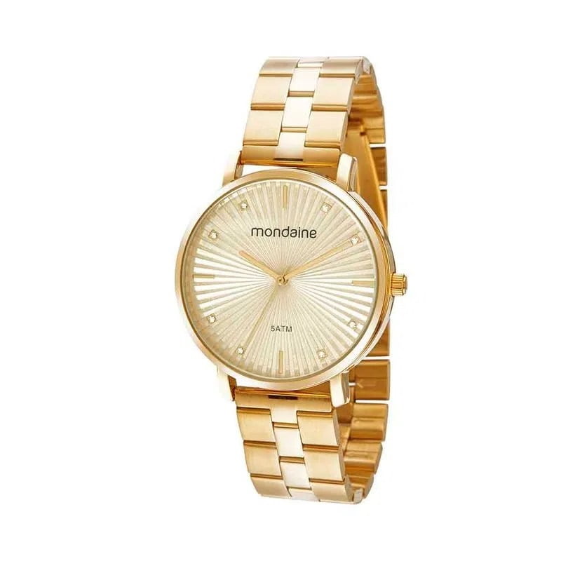 Kit Relógio Mondaine Feminino Dourado Minimalista Visor Champanhe Texturizado com Cristais Á Prova d'água 32430LPMKDE1