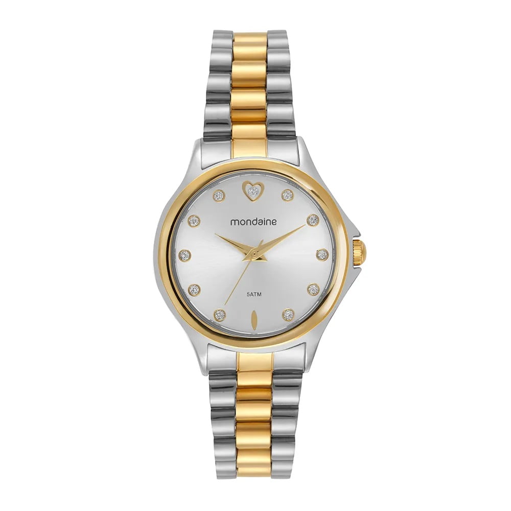 Kit Relógio Mondaine Feminino Cristais e Coração Bicolor com Porta-Joia á Prova D'água 99761LPMVBE3
