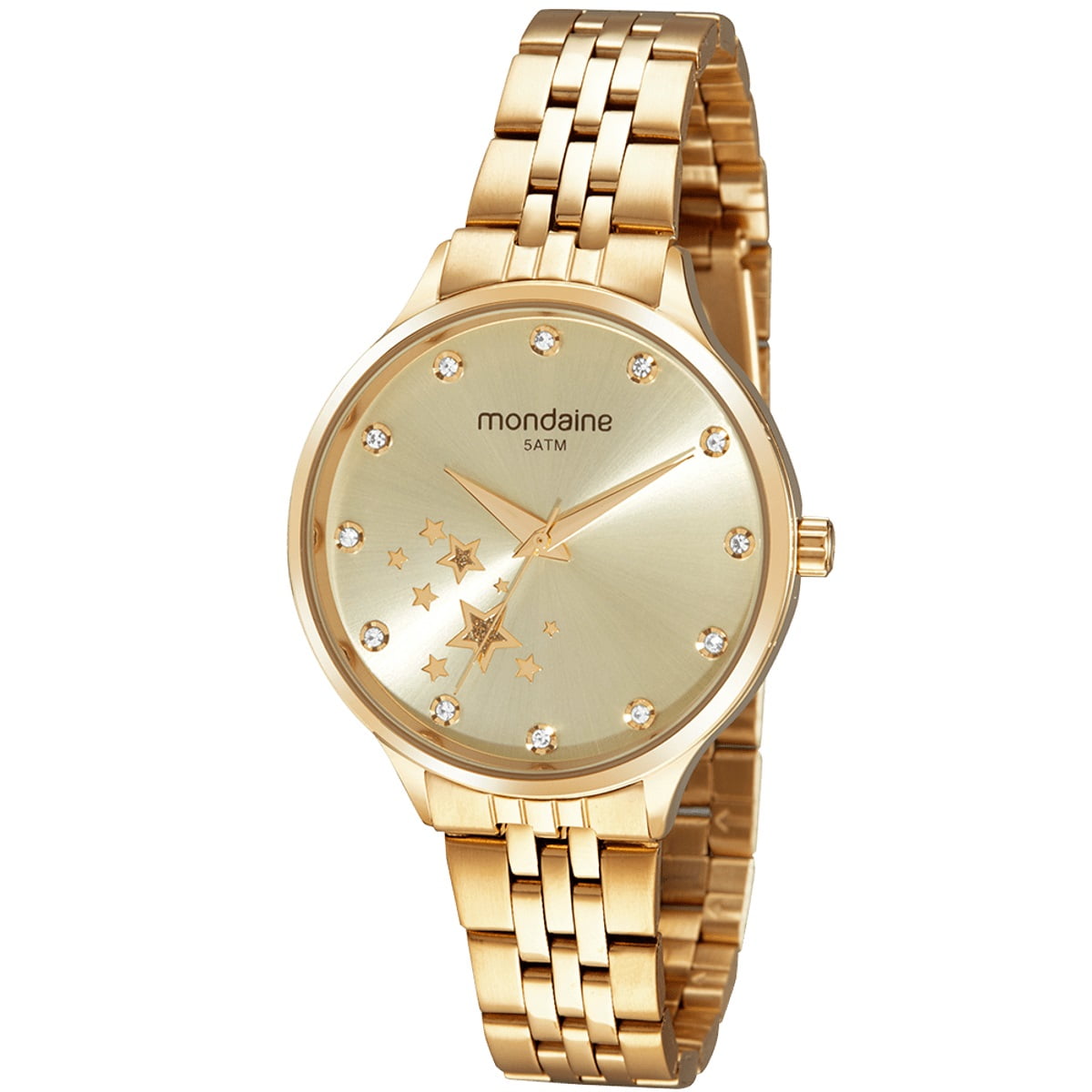 Kit Relógio Mondaine Feminino Cristais Estrela Dourado á Prova D'água 32284LPMVDE1