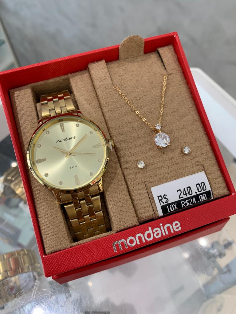 Kit Relógio Mondaine Feminino Dourado Clássico com Cristais Á Prova d'água 32598LPMKDE1