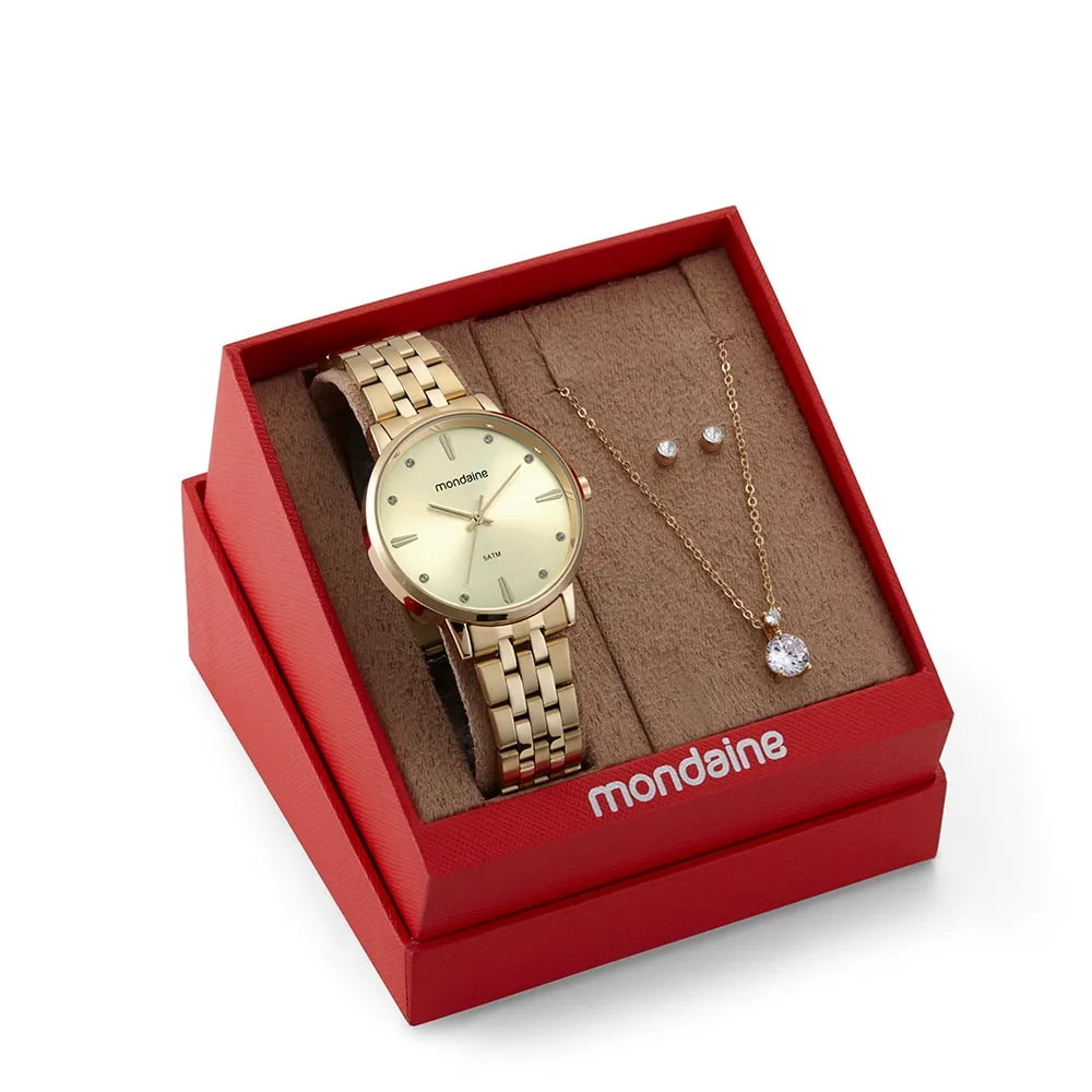 Kit Relógio Mondaine Feminino Dourado Clássico com Cristais Á Prova d'água 32598LPMKDE1