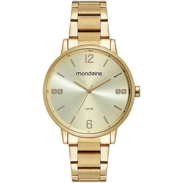 Kit Relógio Mondaine Feminino Dourado com Cristais Á Prova d'água 32600LPMKDE1