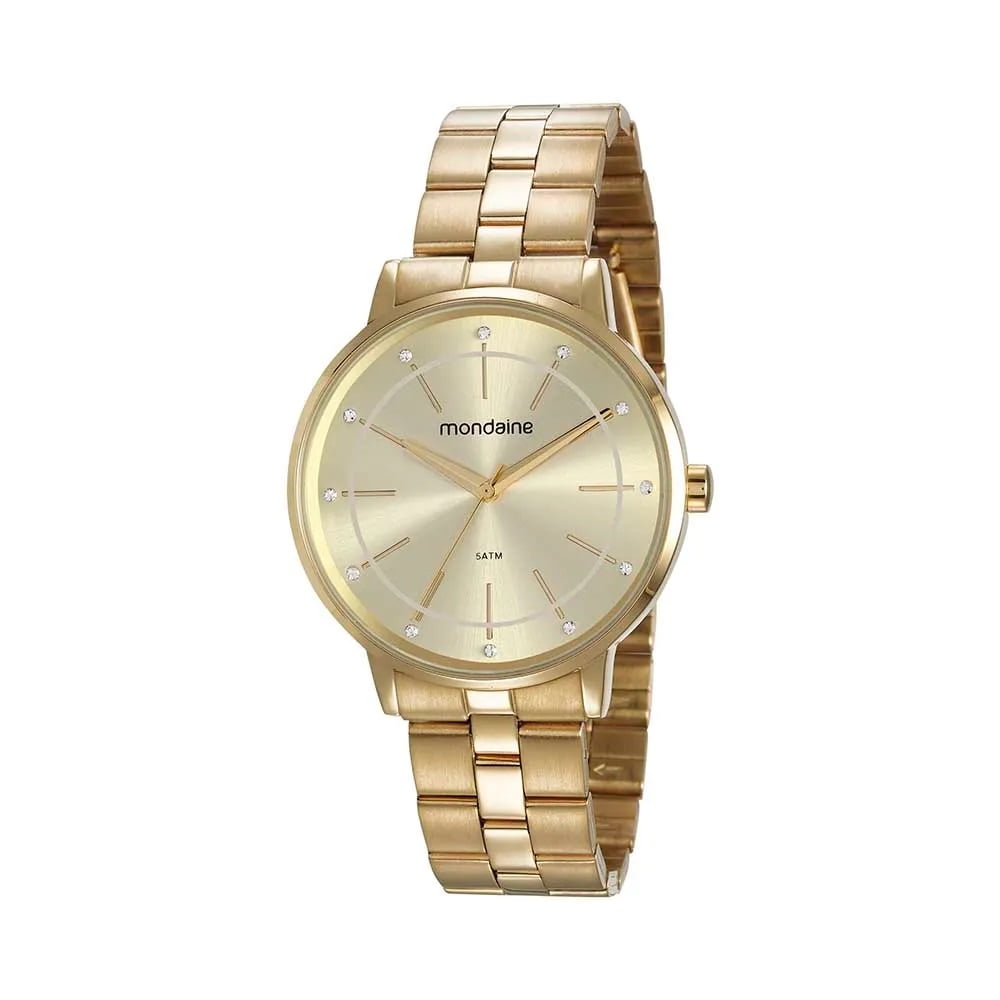 Kit Relógio Mondaine Feminino Dourado Clássico com Cristais Á Prova d´água 53749LPMVDE1