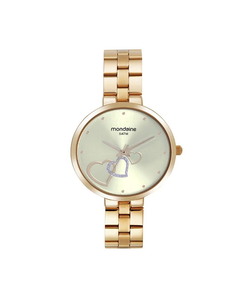 Kit Relógio Mondaine Feminino Dourado Minimalista Visor dourado com Coração Á Prova d'água 32712LPMKDE1K2