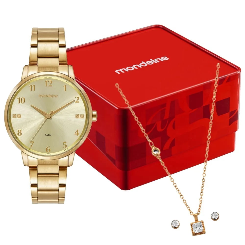Kit Relógio Mondaine Feminino Dourado Minimalista Visor champagne texturizado Á Prova d'água 99923LPMKDE1