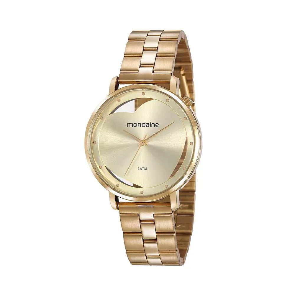 Kit Relógio Mondaine Feminino Dourado Mostrador Champanhe detalhe sutil de coração recortado Com Porta-Joias 53748LPMKDE1