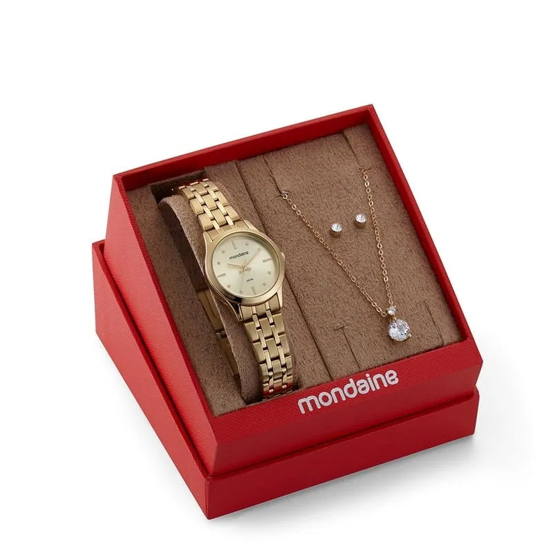 Kit Relógio Mondaine Feminino Dourado Pequeno Clássico Á Prova d'água 32611LPMKDE1