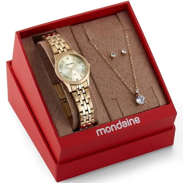 Kit Relógio Mondaine Feminino Dourado Pequeno com Cristais Á Prova d'água 32607LPMKDE1
