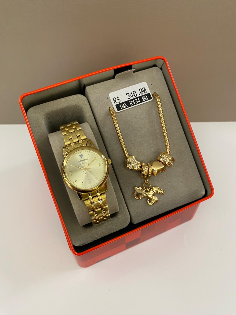 Kit Relógio Mondaine Feminino Dourado Pequeno Gato no Visor Champanhe com Numeração com Brilho á Prova D'água 32990LPMKDE1