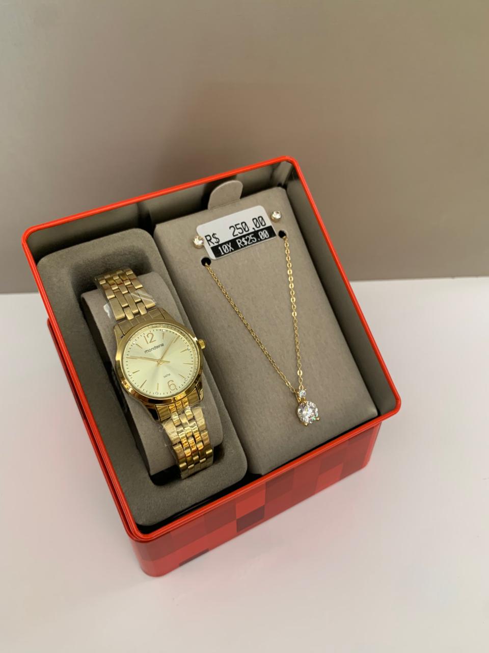 Kit Relógio Mondaine Feminino Dourado Pequeno Minimalista com Cristais Á Prova d'água 99911LPMKDE1