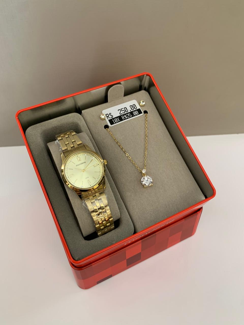 Kit Relógio Mondaine Feminino Dourado Pequeno Minimalista com Cristais Á Prova d'água 99916LPMKDE1