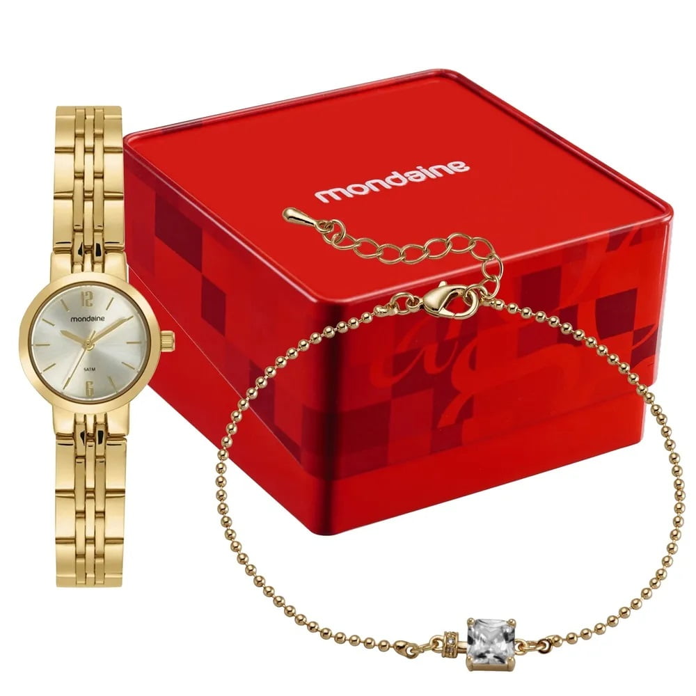 Kit Relógio Mondaine Feminino Dourado Pequeno Minimalista Visor Champanhe Á Prova d'água 99876LPMKDE1
