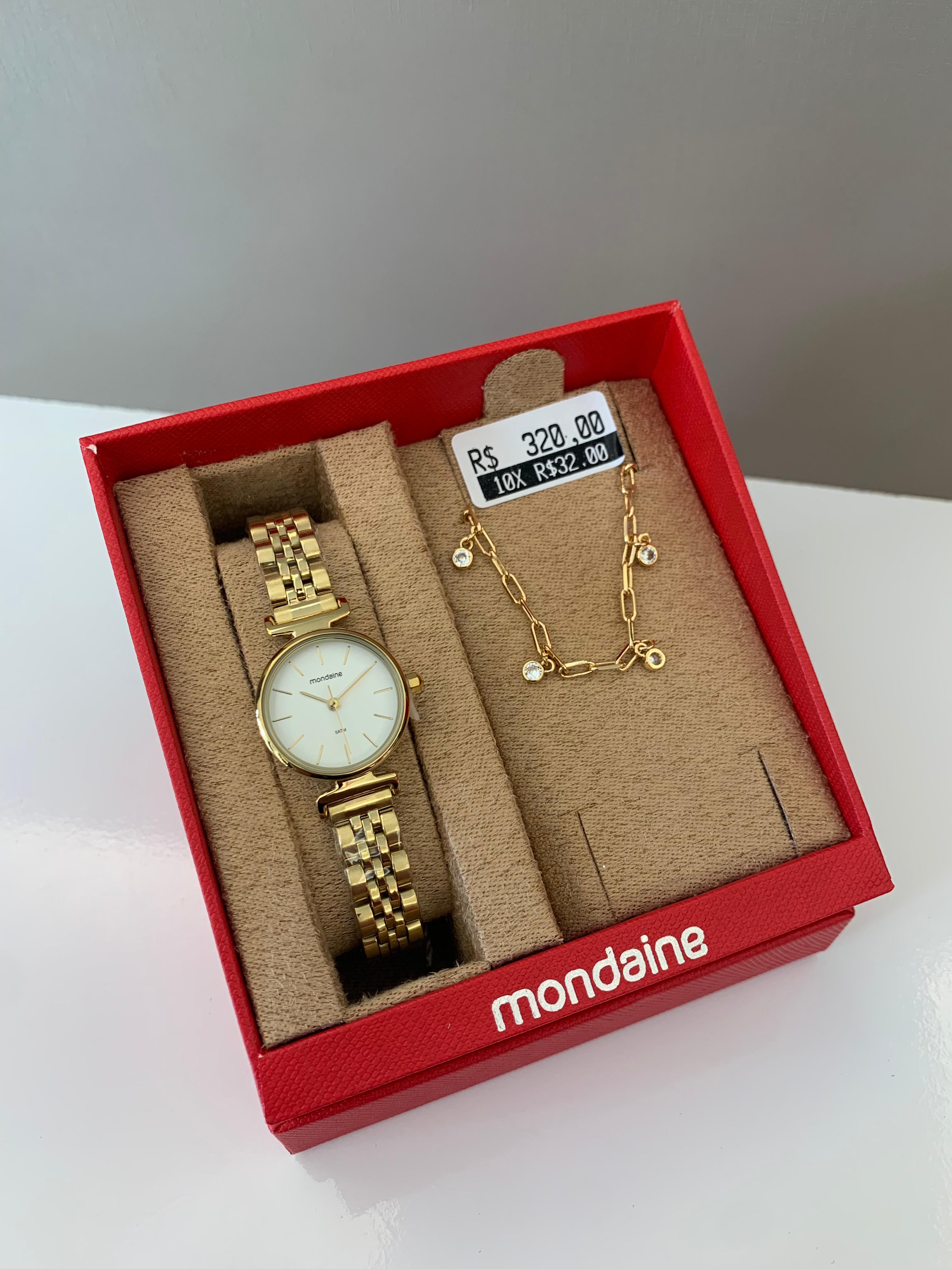 Kit Relógio Mondaine Feminino Dourado Pequeno Visor Branco Minimalista á Prova D'água 32866LPMKDE1