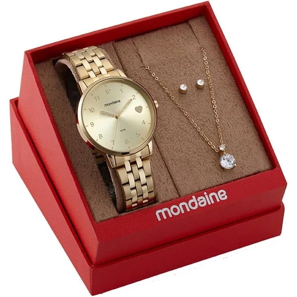 Kit Relógio Mondaine Feminino Dourado Todo Numerado com Coração no Visor Á Prova d'água 32597LPMKDE1