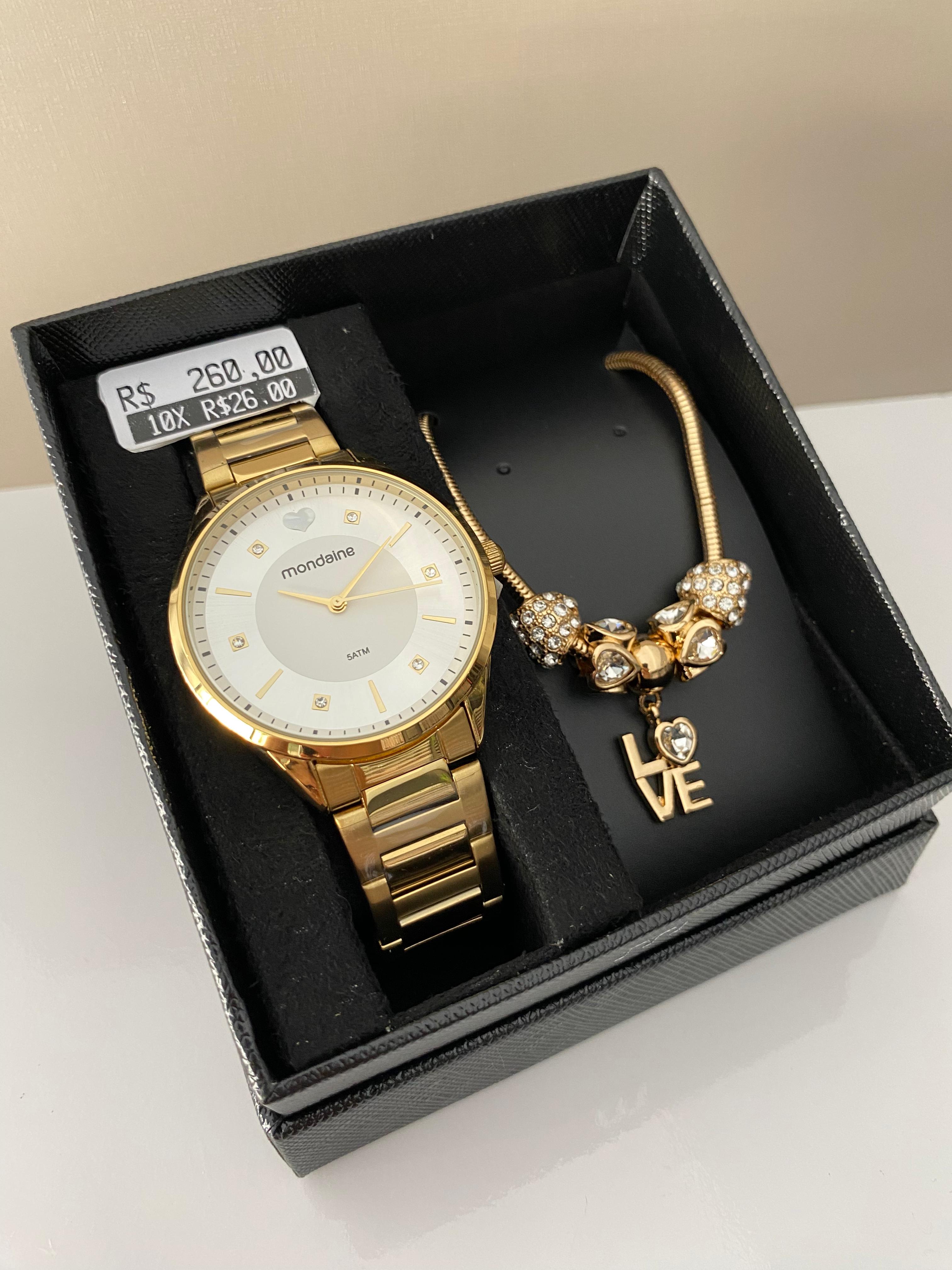 Kit Relógio Mondaine Feminino Dourado Visor Champanhe Á Prova d'água 53650LPMVDE1K1