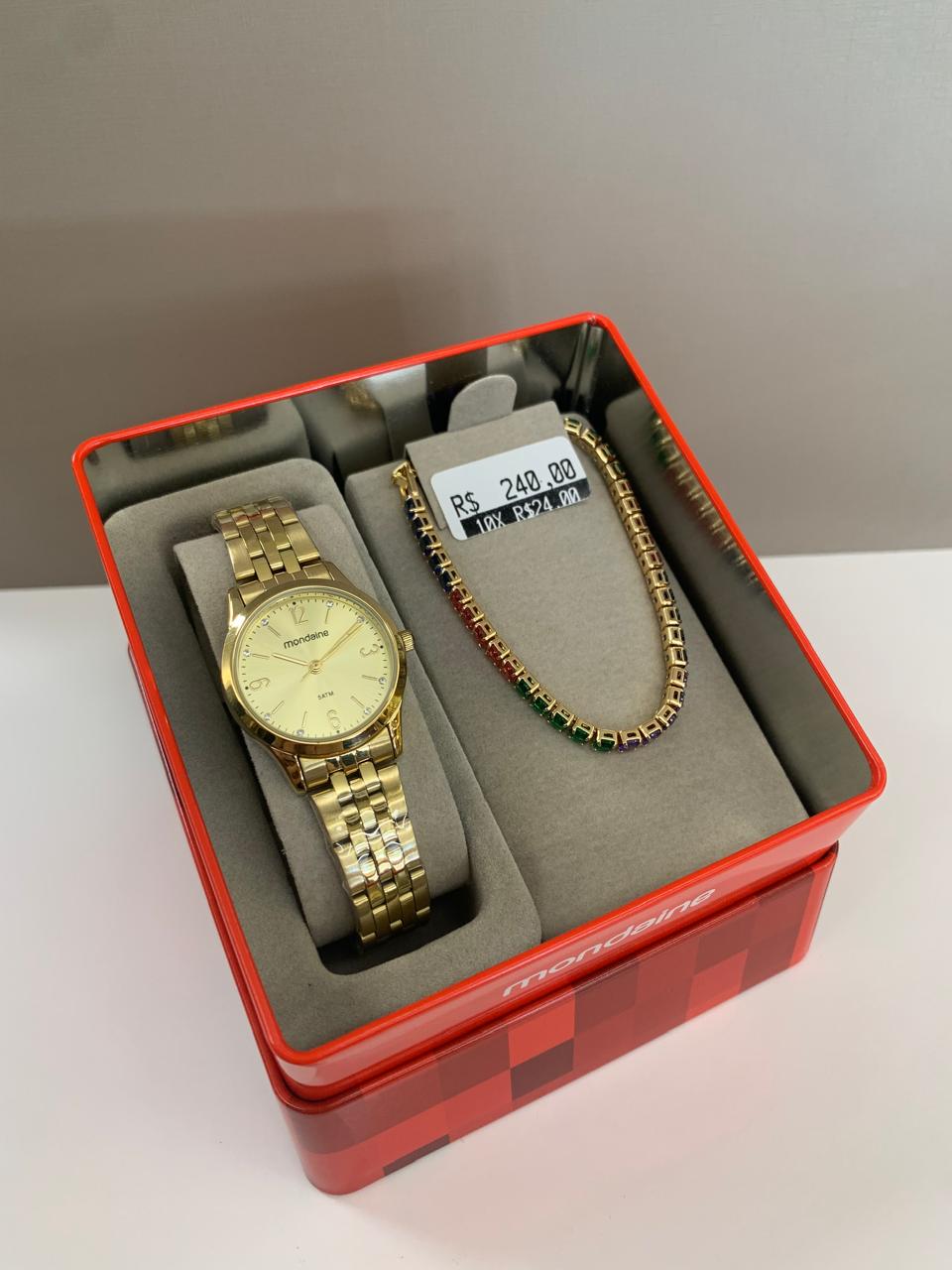 Kit Relógio Mondaine Feminino Dourado Visor Champanhe com Cristais Á Prova d'água 32720LPMKDE1