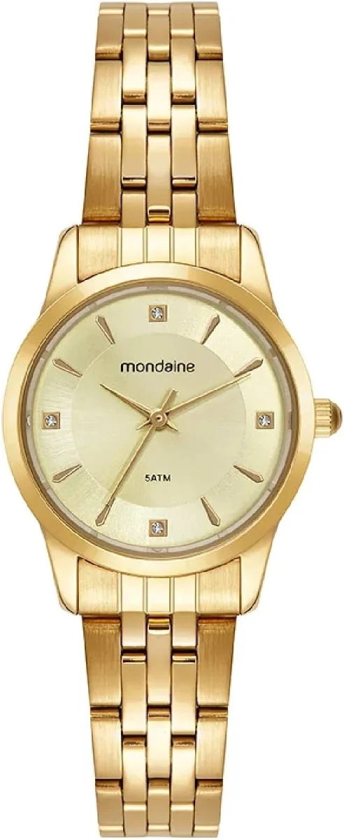Kit Relógio Mondaine Feminino Dourado Visor Champanhe com Cristais Á Prova d'água 99912LPMKDE1