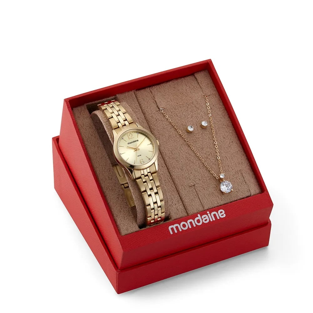 Kit Relógio Mondaine Feminino Dourado Visor Champanhe com Cristais Á Prova d'água32606LPMKDE1