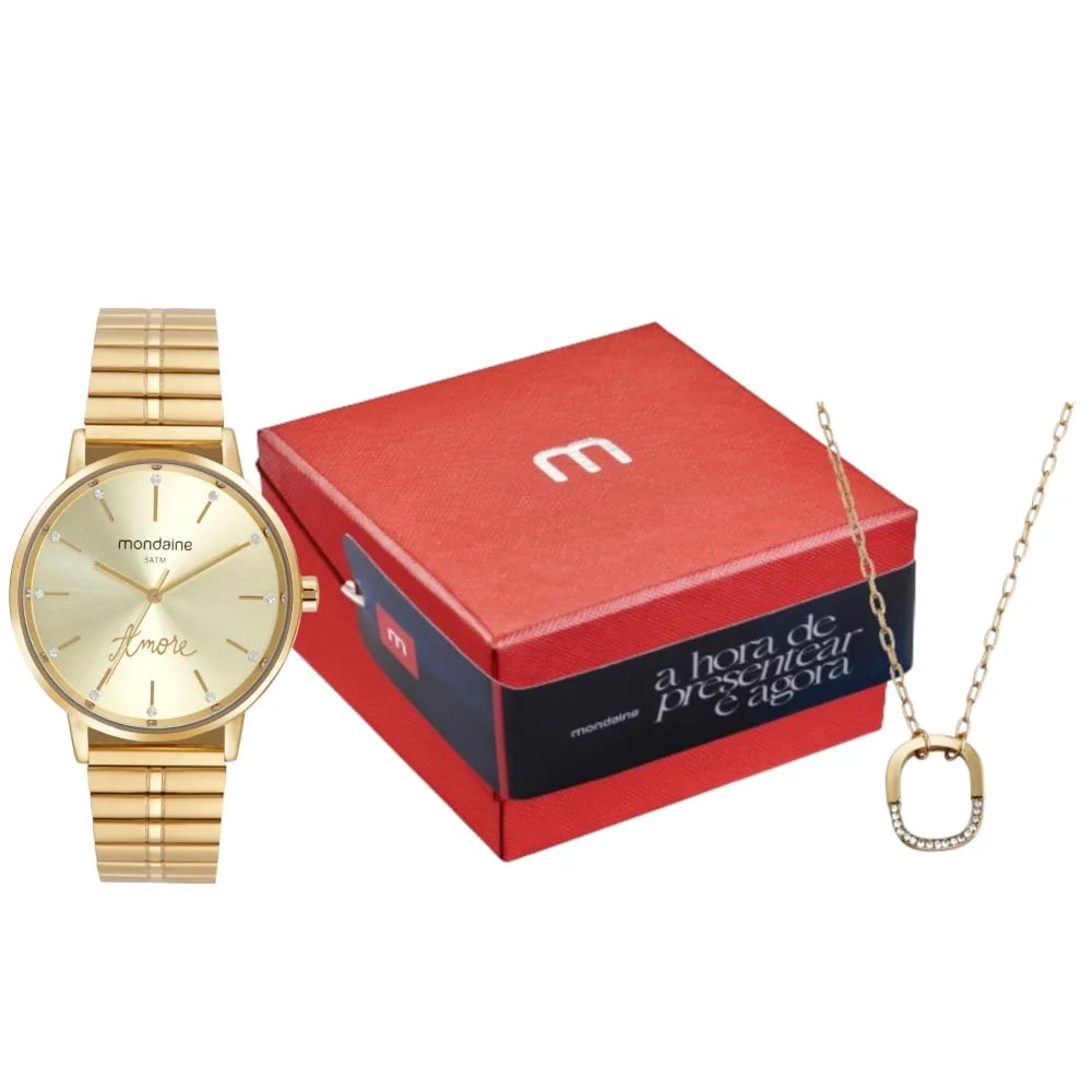 Kit Relógio Mondaine Feminino Dourado Visor Champanhe com Cristais e Inscrição Amore á Prova d'água 32774LPMKDE1