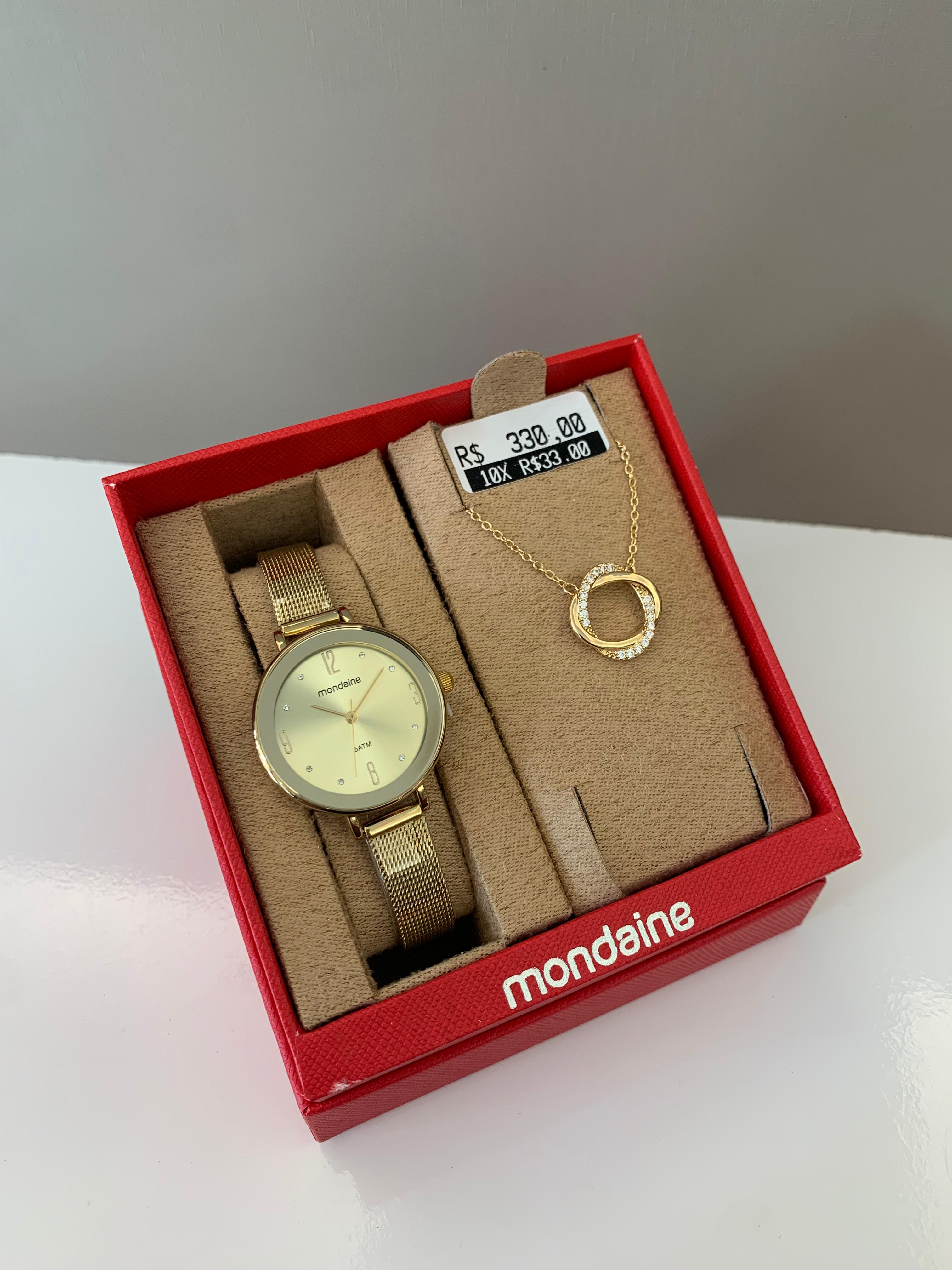 Kit Relógio Mondaine Feminino Dourado Visor Champanhe com Cristais Pulseira Milanesa á Prova D'água 32873LPMKDE1