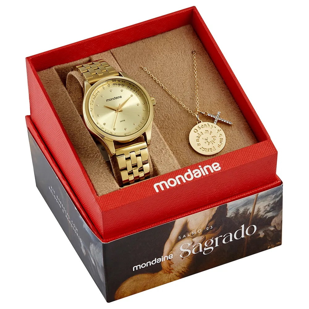 Kit Relógio Mondaine Feminino Dourado Visor Champanhe Salmo 23 O Senhor É Meu Pastor E Nada Me Faltará Á Prova d'água 99748LPMKDE1