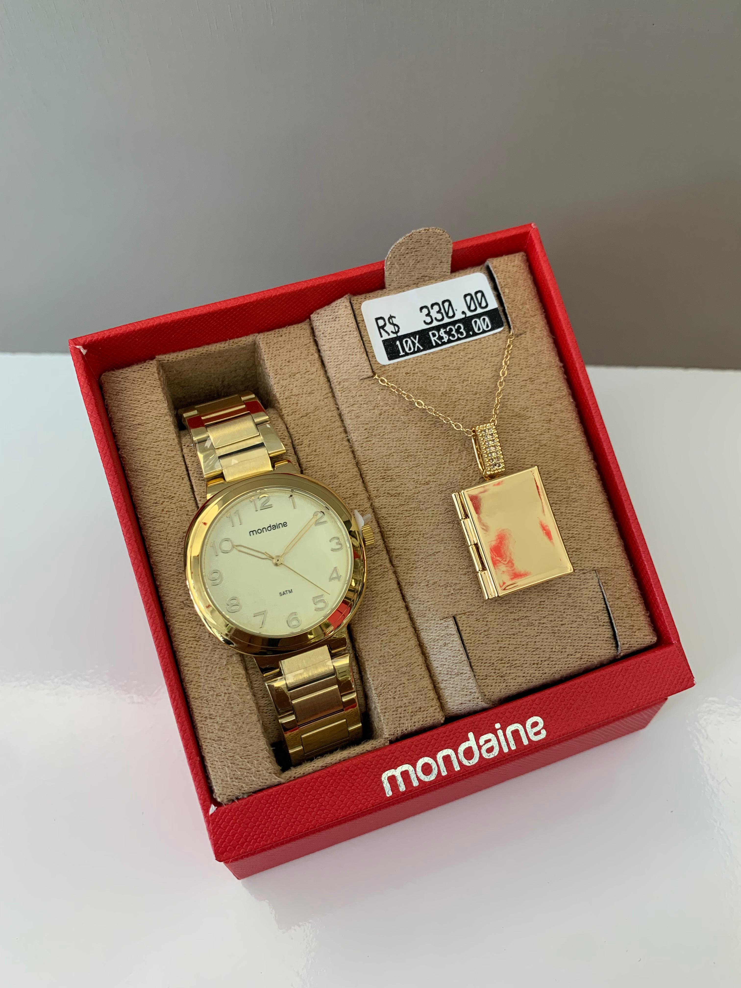 Kit Relógio Mondaine Feminino Dourado Visor Champanhe Texturizado Numeração Completa á Prova D'água 32904LPMKDE1
