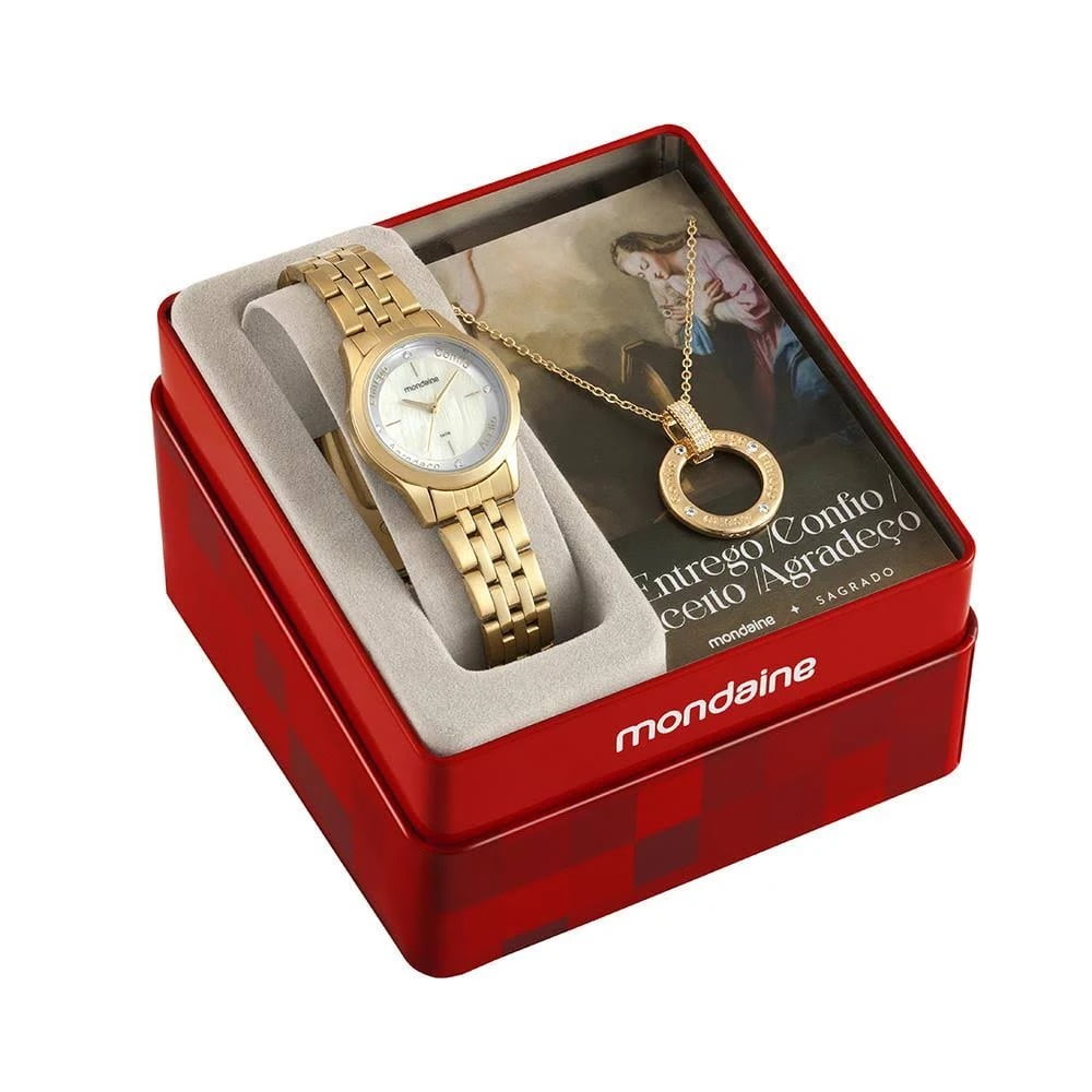 Kit Relógio Mondaine Feminino Dourado Visor com (Entrego, Confio, Aceito e Agradeço) e Cristais Á Prova d'água 32965LPMKDE1