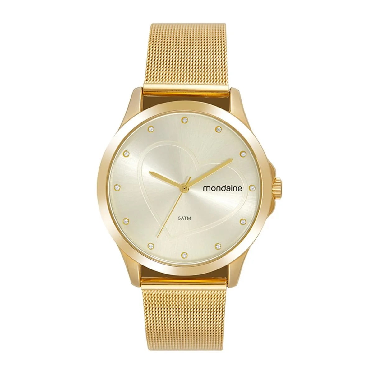 Kit Relógio Mondaine Feminino Dourado Visor Minimalista com Cristais Detalhe de Coração Pulseira Milanesa Á Prova d'água 32775LPMKDE1