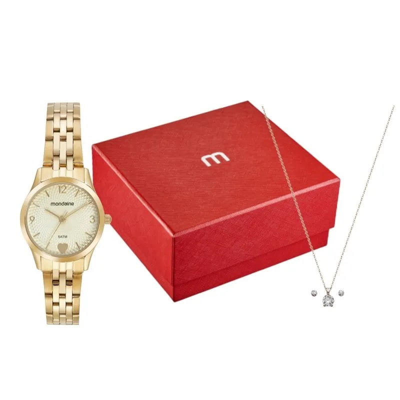 Kit Relógio Mondaine Feminino Dourado Visor Texturizado com Detalhe de Coração á Prova D'água 32795LPMKBE1