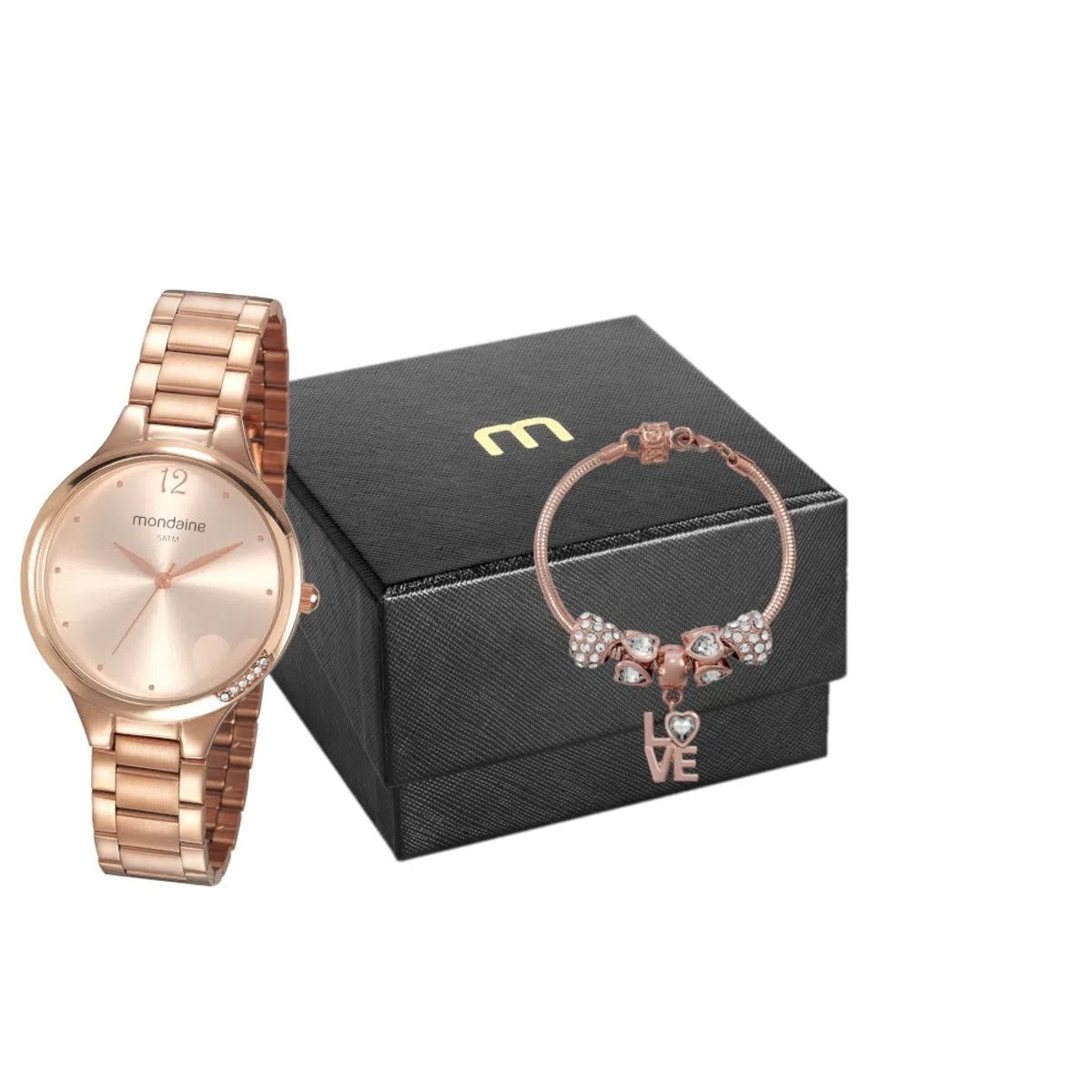 Kit Relógio Mondaine Feminino Cristais Coração Rosé á Prova D'água 32215LPMVRE2