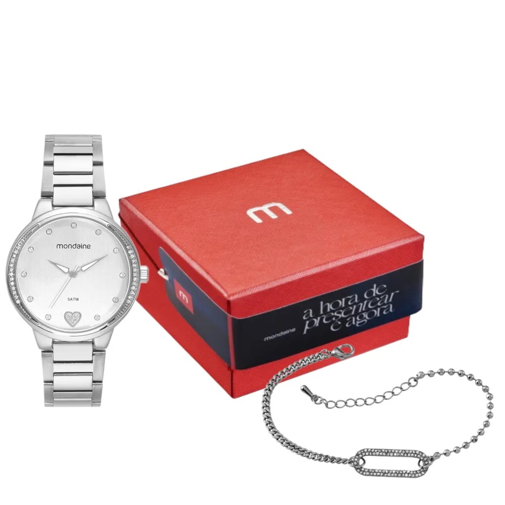 Kit Relógio Mondaine Feminino Prateado com Visor Prateado Detalhe de Coração e Caixa Cravejada de Cristais Á Prova d'água 32776LOMKNE2