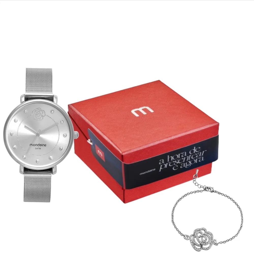 Kit Relógio Mondaine Feminino Prateado Minimalista Visor Prateado Pulseira Milanesa Á Prova d'água 32737L0MKNE2