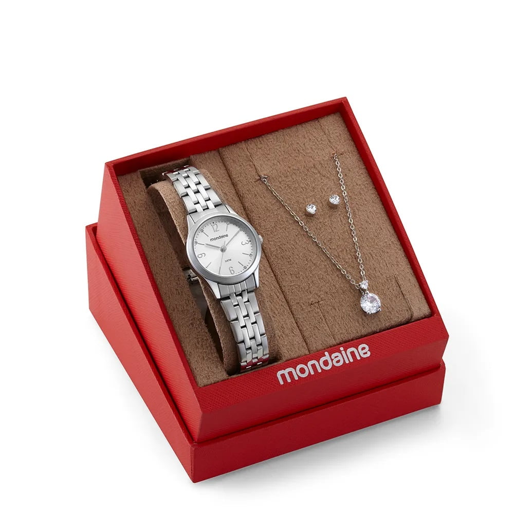 Kit Relógio Mondaine Feminino Prateado Pequeno Minimalista com Cristais Visor Prateado Á Prova d'água 32720L0MKNE2