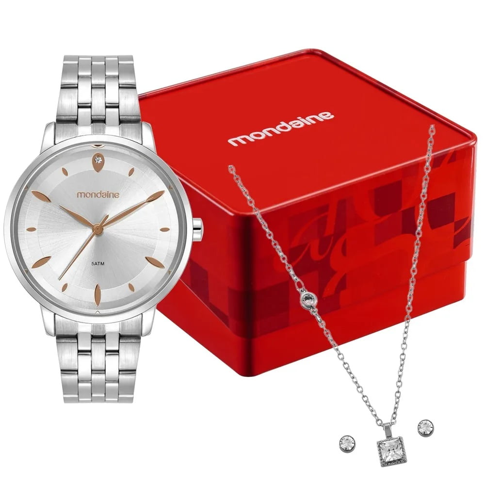 Kit Relógio Mondaine Feminino Prateado Visor Prata Minimalista Á Prova d'água 99920L0MKNE2