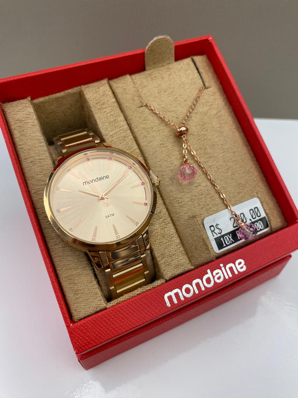 Kit Relógio Mondaine Feminino Rose Minimalista Visor Rose com Cristais Á Prova d'água 32499LPMKRE3