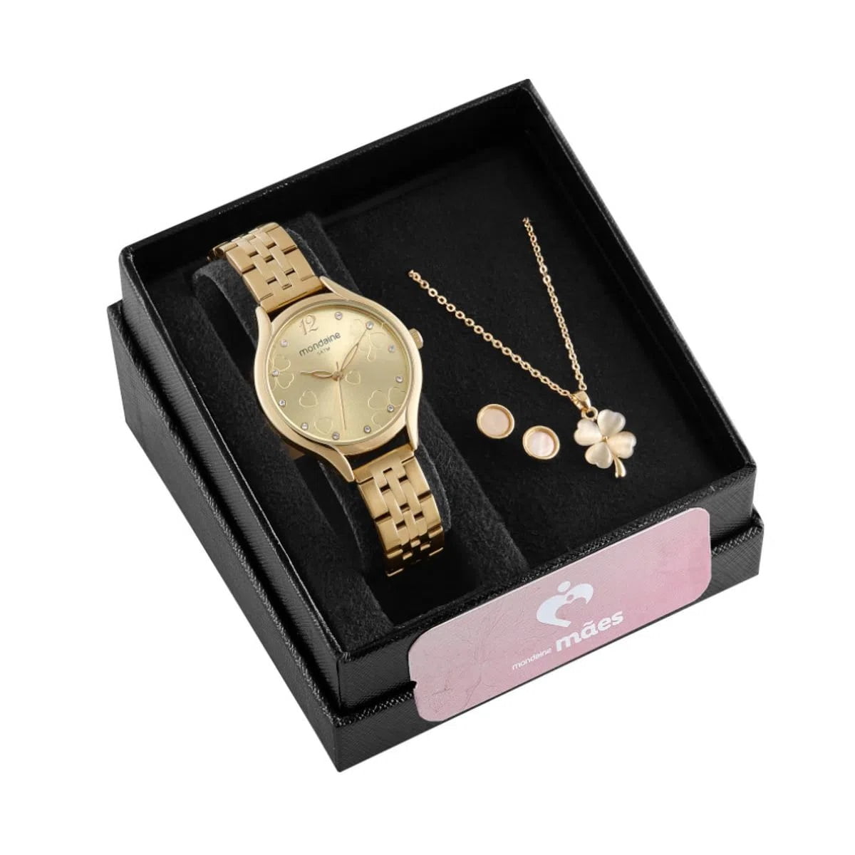 Kit Relógio Mondaine Feminino Dourado Visor Champanhe com Cristais e Trevos Á Prova d'água 32503LPMKDE1