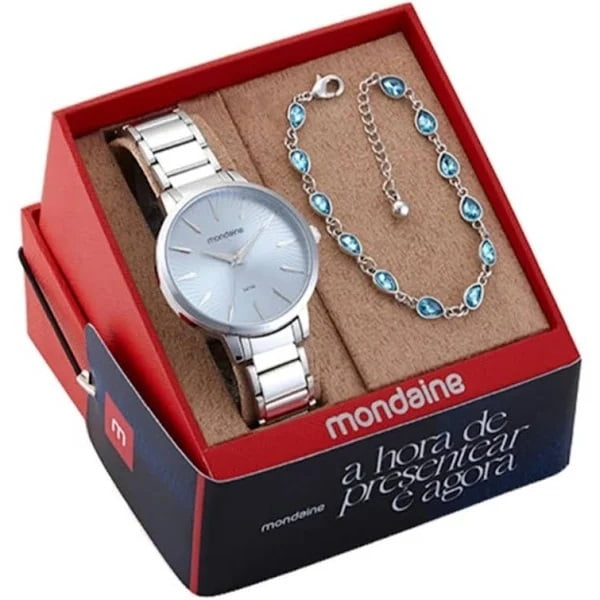 Kit Relógio Mondaine Prateado Minimalista com Visor Texturizado Á Prova d'água 32561L0MKNE2