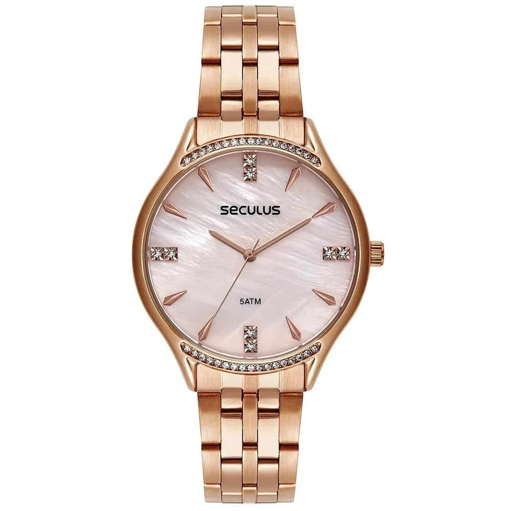 Kit Relógio Seculus Feminino Rose Mostrador Madrepérola Com Cristais Á Prova D'água 77269lpsvrs2k1