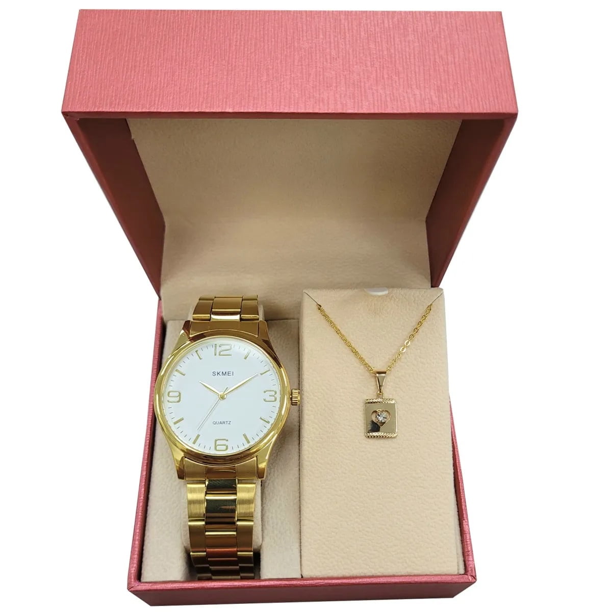 Kit Relógio Skmei Feminino Dourado Visor Branco 3001