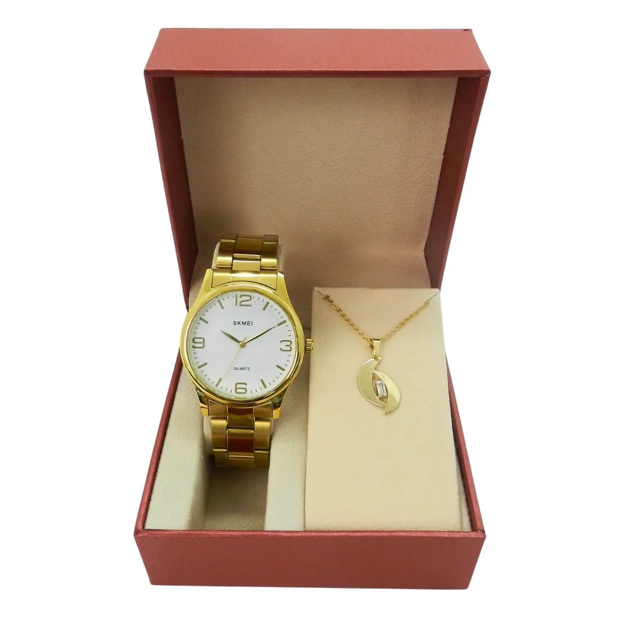 Kit Relógio Skmei Feminino Dourado Visor Branco 3001 SK004