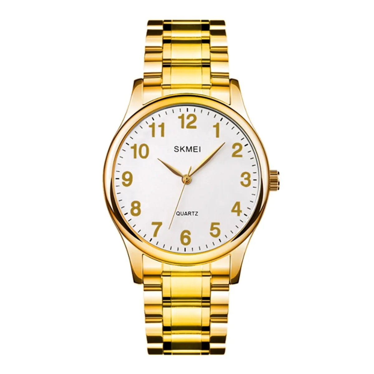 Kit Relógio Skmei Feminino Dourado Visor Branco Todo Numerado 3001