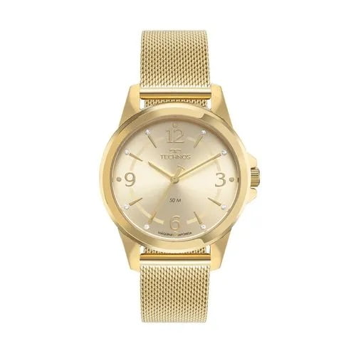 Kit Relógio Technos Dress Feminino Dourado Visor Champanhe Com Cristais Pulseira Milanese Maquinário Japonês Aço Inoxidável Á Prova d'água 2035NAB/K1X