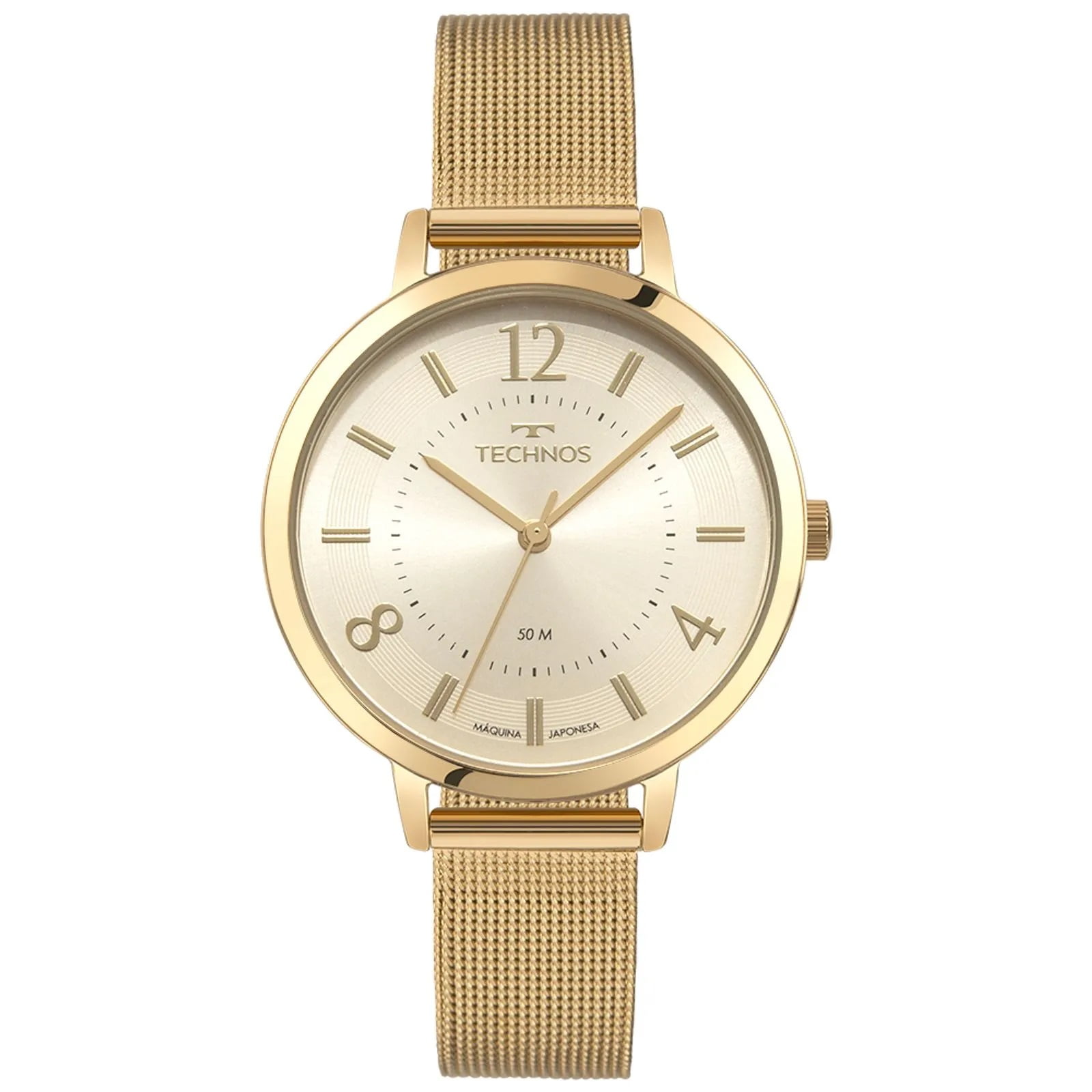 Kit Relógio Technos Dress Feminino Dourado Visor Champanhe Pulseira Milanese Maquinário Japonês Aço Inoxidável Á Prova d'água 2035NBW/K1X