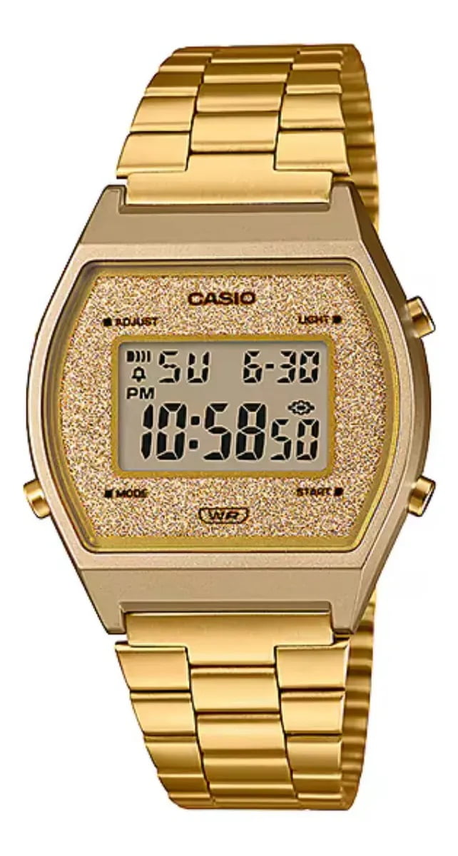 Relógio Casio Feminino Dourado Digital Vintage Retro com Glitter no Visor Á Prova d'água B640WGG-9DF
