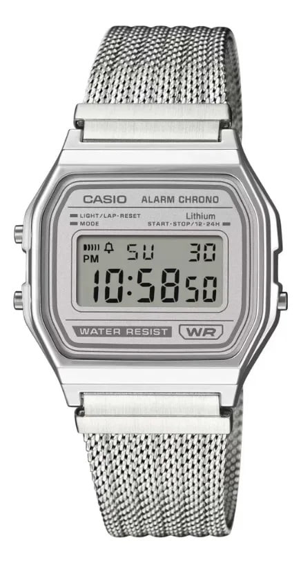 Relógio Casio Prateado Digital Vintage Retro com Pulseira Milanesa Á Prova d'água A158WEM-7DF